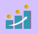 Vector illustration of income growth chart with arrow and euro coins against purple background