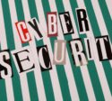 Cyber security concept depicted with a creative text collage on striped background.